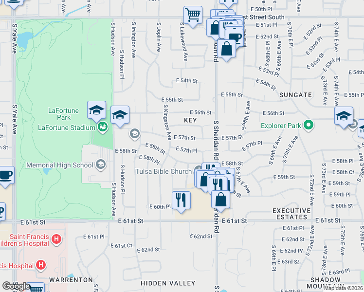 map of restaurants, bars, coffee shops, grocery stores, and more near 6038 East 57th Street in Tulsa