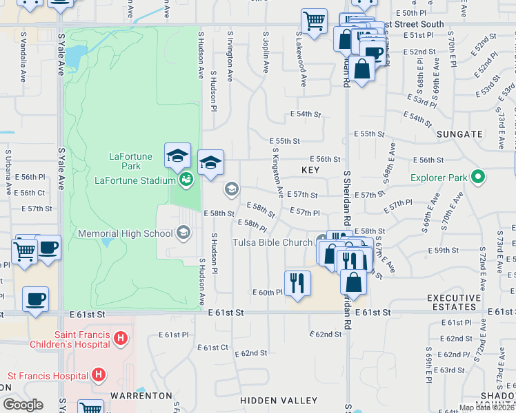 map of restaurants, bars, coffee shops, grocery stores, and more near 5821 East 58th Street in Tulsa
