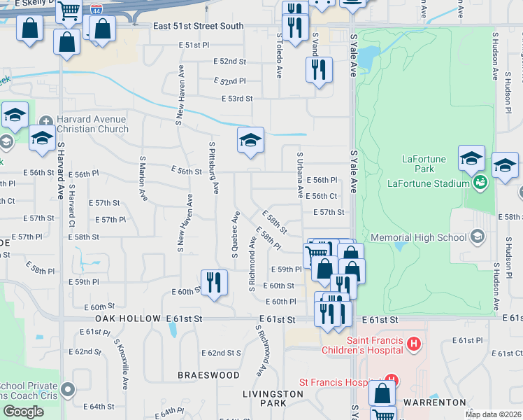 map of restaurants, bars, coffee shops, grocery stores, and more near 4309 East 58th Street in Tulsa