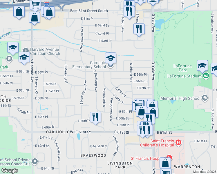 map of restaurants, bars, coffee shops, grocery stores, and more near 5644 South Quebec Avenue in Tulsa