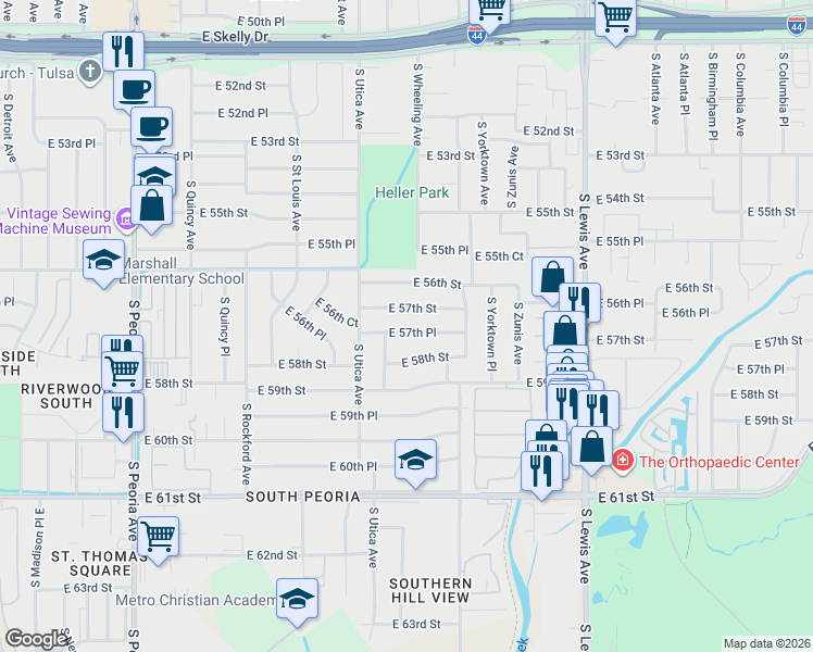 map of restaurants, bars, coffee shops, grocery stores, and more near 1734 East 57th Street in Tulsa