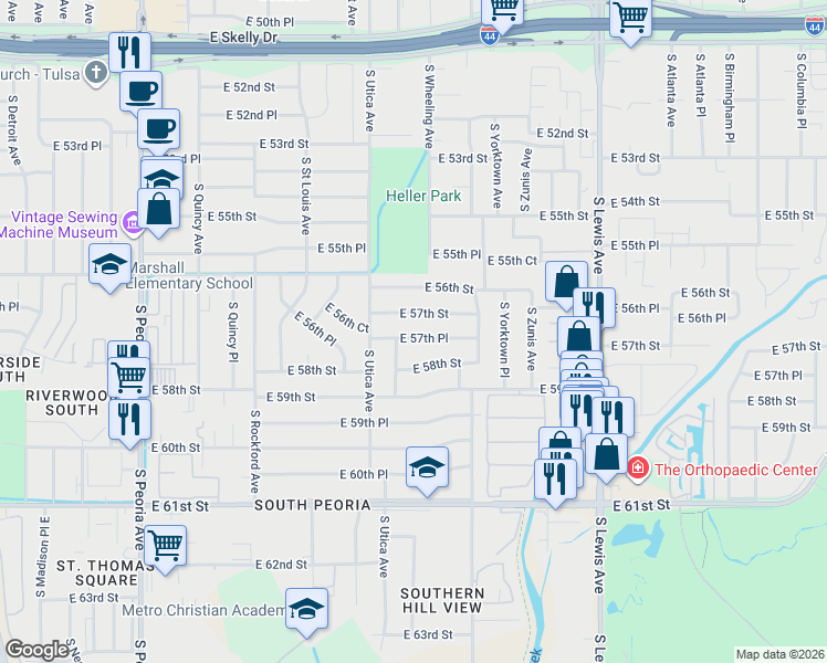 map of restaurants, bars, coffee shops, grocery stores, and more near 1734 East 57th Street in Tulsa