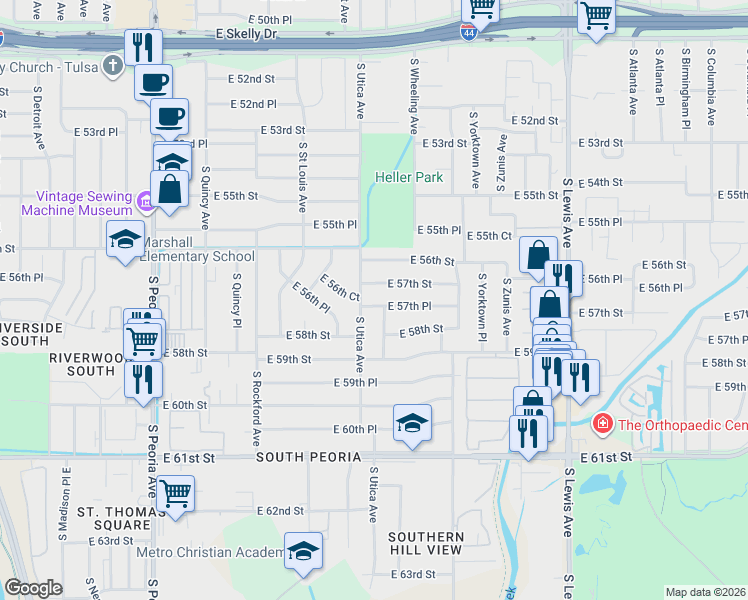 map of restaurants, bars, coffee shops, grocery stores, and more near 1639 East 56th Court in Tulsa