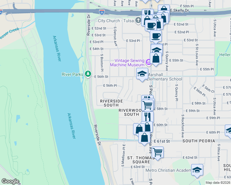 map of restaurants, bars, coffee shops, grocery stores, and more near 171 East 57th Street in Tulsa