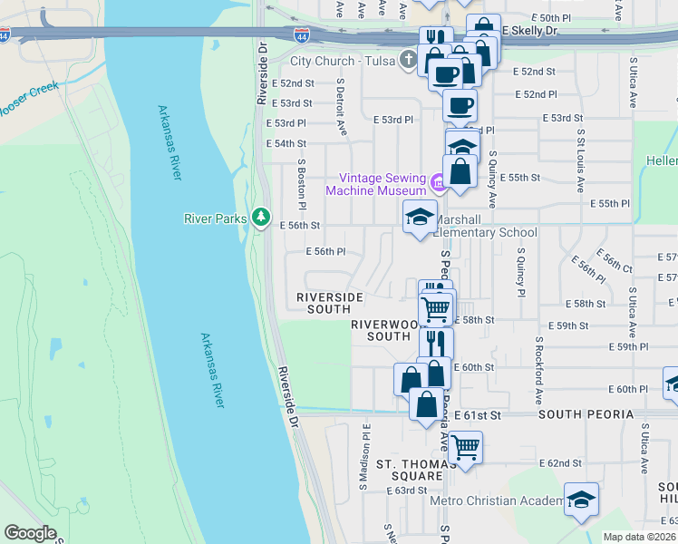 map of restaurants, bars, coffee shops, grocery stores, and more near 171 East 57th Street in Tulsa