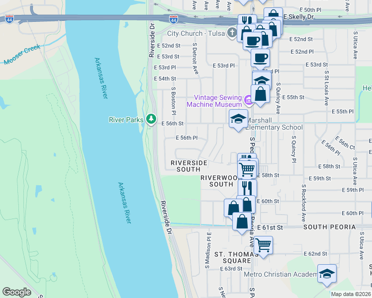 map of restaurants, bars, coffee shops, grocery stores, and more near 137 East 57th Street in Tulsa