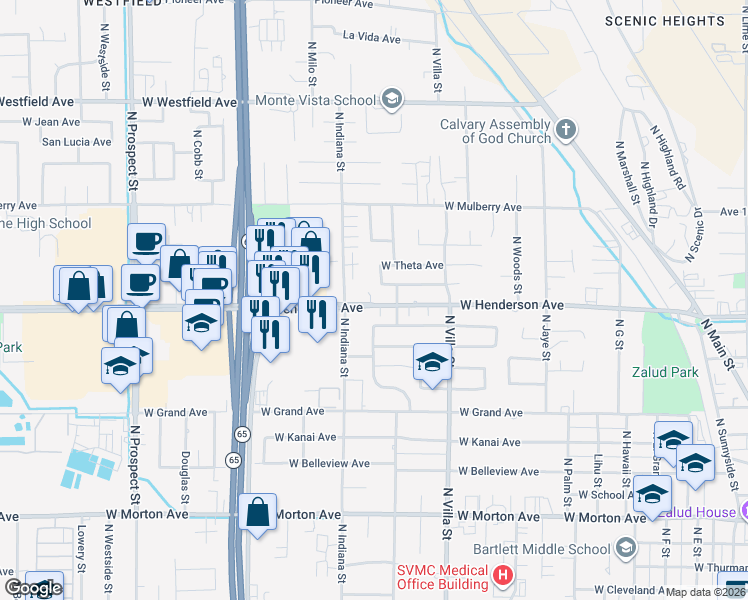 map of restaurants, bars, coffee shops, grocery stores, and more near in Porterville