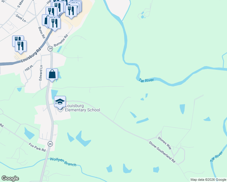 map of restaurants, bars, coffee shops, grocery stores, and more near 126 Rex Place in Louisburg