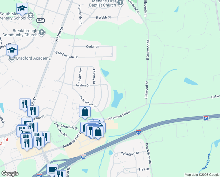 map of restaurants, bars, coffee shops, grocery stores, and more near 905 Avalon Drive in Mebane