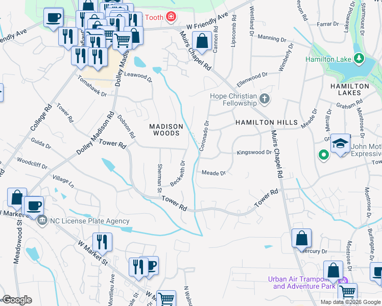map of restaurants, bars, coffee shops, grocery stores, and more near 630 Beckwith Drive in Greensboro