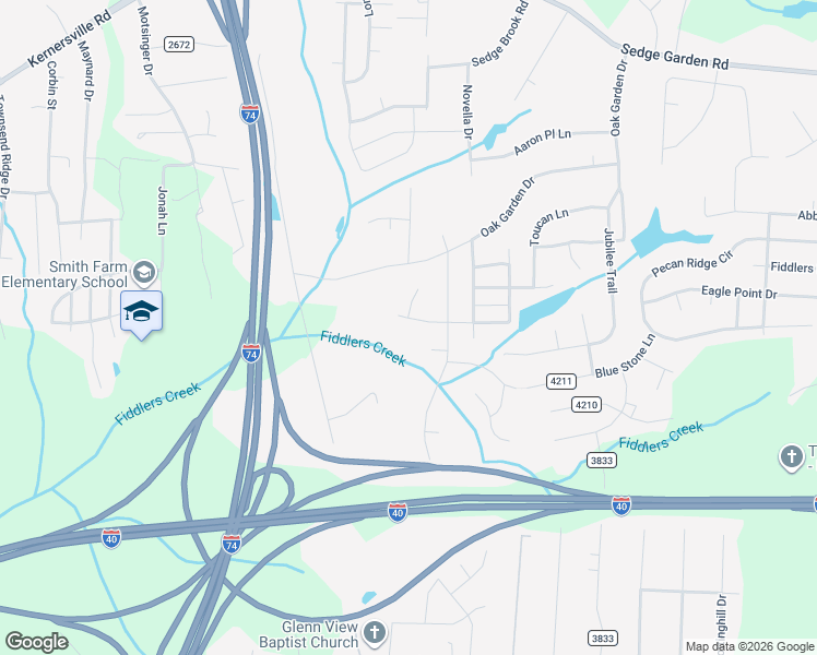 map of restaurants, bars, coffee shops, grocery stores, and more near 5065 Fiddlers Run Drive in Kernersville