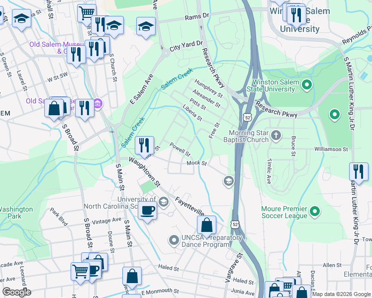 map of restaurants, bars, coffee shops, grocery stores, and more near 1228 Mint Street in Winston-Salem