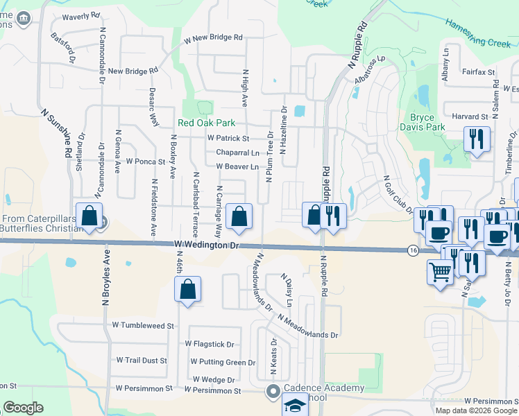 map of restaurants, bars, coffee shops, grocery stores, and more near 1303 North Plum Tree Drive in Fayetteville
