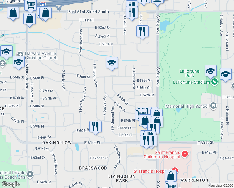 map of restaurants, bars, coffee shops, grocery stores, and more near 4309 East 58th Street in Tulsa