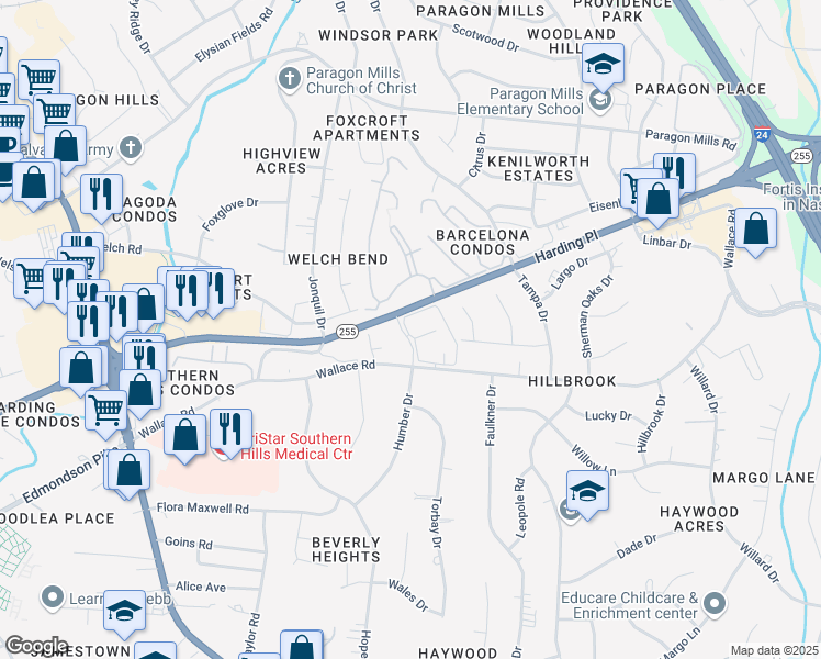 map of restaurants, bars, coffee shops, grocery stores, and more near 4700 Humber Drive in Nashville