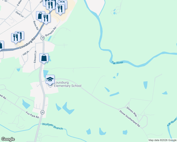 map of restaurants, bars, coffee shops, grocery stores, and more near 126 Rex Pl in Louisburg