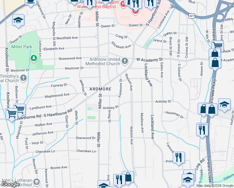 map of restaurants, bars, coffee shops, grocery stores, and more near 2179 Gaston Street in Winston-Salem