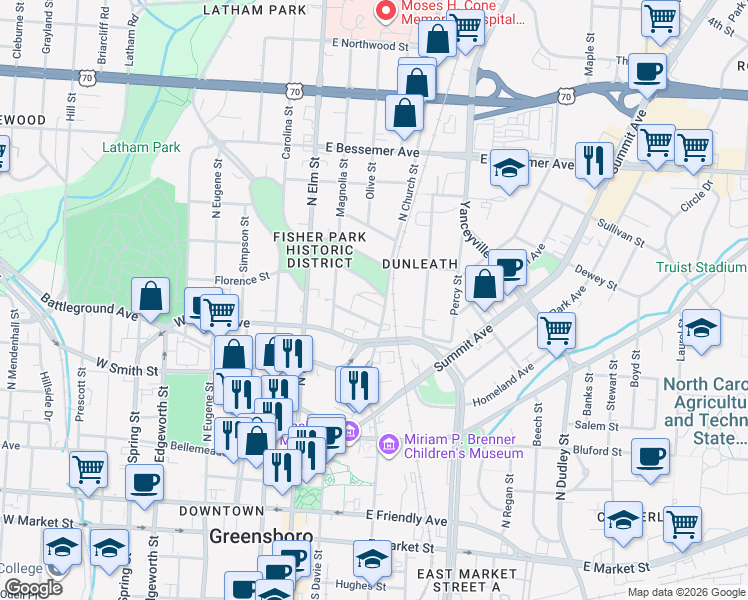 map of restaurants, bars, coffee shops, grocery stores, and more near 230 South Park Drive in Greensboro