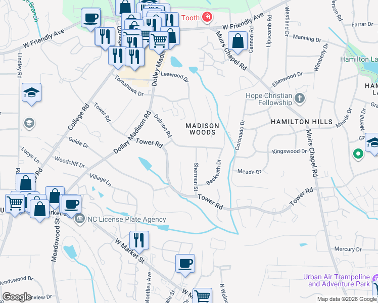 map of restaurants, bars, coffee shops, grocery stores, and more near 5419 Dobson Road in Greensboro