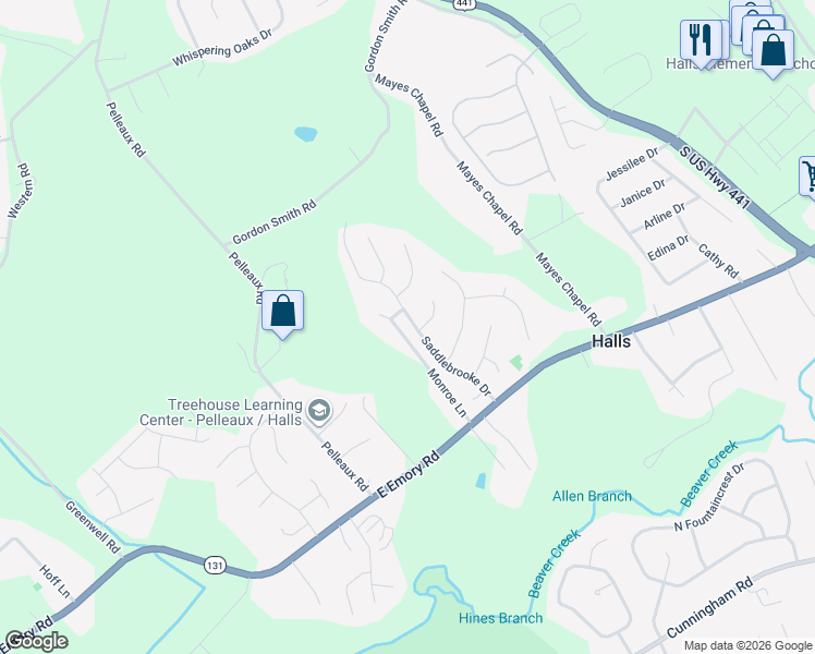 map of restaurants, bars, coffee shops, grocery stores, and more near 7643 Saddlebrooke Drive in Knoxville