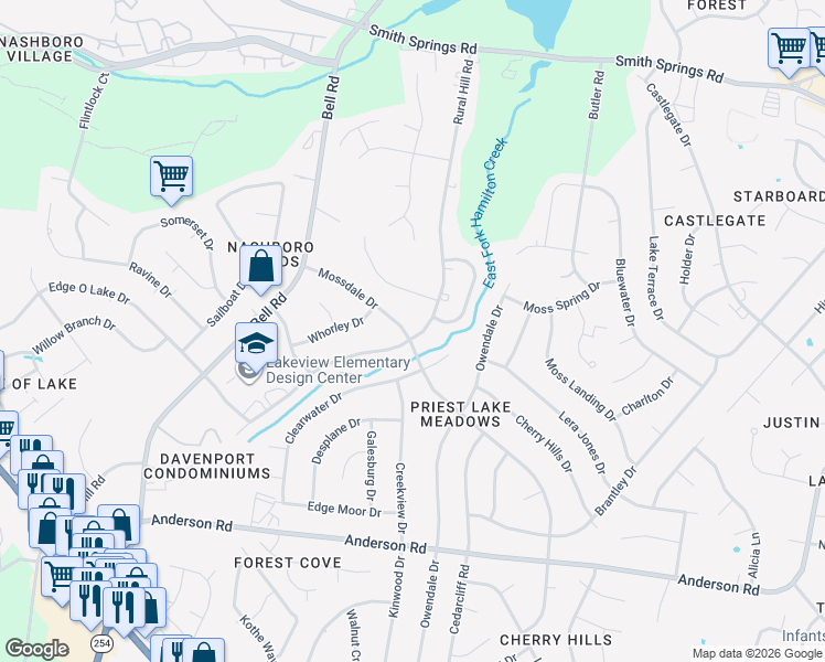 map of restaurants, bars, coffee shops, grocery stores, and more near 2740 Mossdale Drive in Nashville