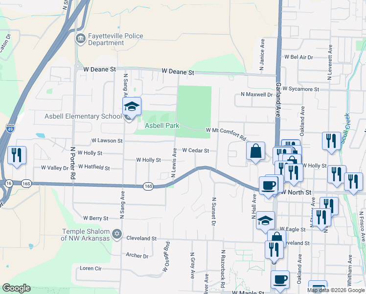 map of restaurants, bars, coffee shops, grocery stores, and more near 1627 West Hefley Street in Fayetteville
