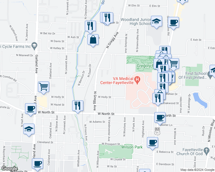 map of restaurants, bars, coffee shops, grocery stores, and more near 407 West Lawson Street in Fayetteville