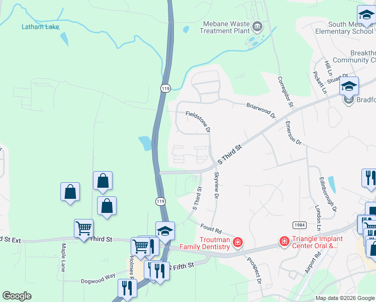 map of restaurants, bars, coffee shops, grocery stores, and more near 2000 Quaker Creek Drive in Mebane