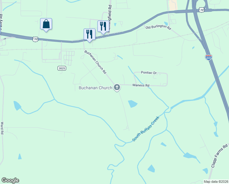 map of restaurants, bars, coffee shops, grocery stores, and more near 301 Buchanan Church Road in Greensboro