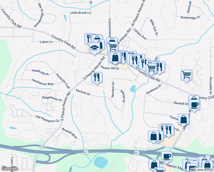 map of restaurants, bars, coffee shops, grocery stores, and more near 161 Sterling Point Court in Winston-Salem