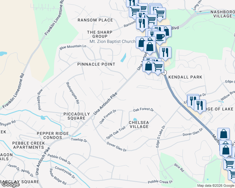 map of restaurants, bars, coffee shops, grocery stores, and more near 4901 Oak Barrel Drive in Nashville