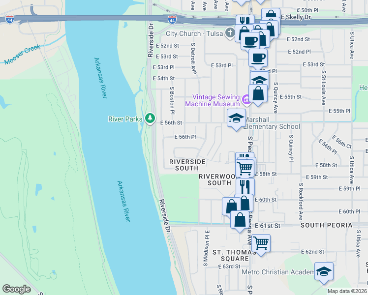 map of restaurants, bars, coffee shops, grocery stores, and more near 137 East 57th Street in Tulsa