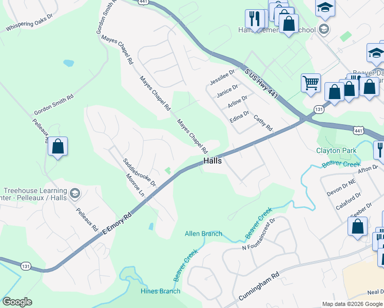 map of restaurants, bars, coffee shops, grocery stores, and more near 7415 Mayes Chapel Road in Knoxville