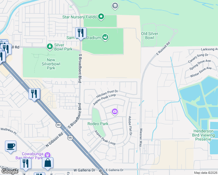 map of restaurants, bars, coffee shops, grocery stores, and more near 677 Bonanza Plain Avenue in Henderson