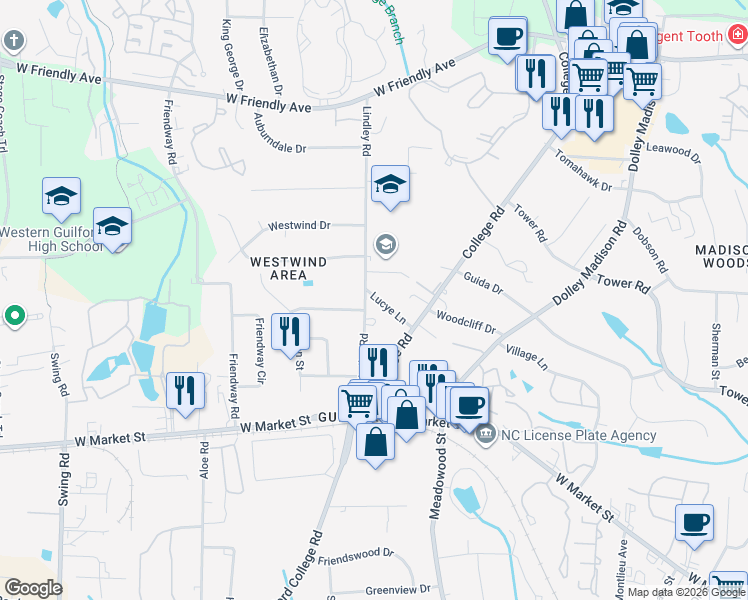 map of restaurants, bars, coffee shops, grocery stores, and more near 6014 Lucye Lane in Greensboro