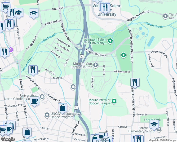 map of restaurants, bars, coffee shops, grocery stores, and more near 1350 Cunningham Street in Winston-Salem
