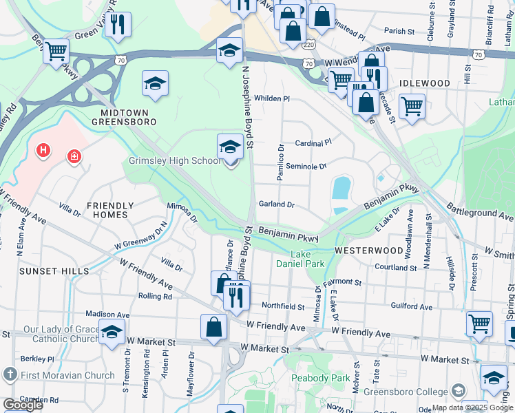 map of restaurants, bars, coffee shops, grocery stores, and more near 700 North Josephine Boyd Street in Greensboro