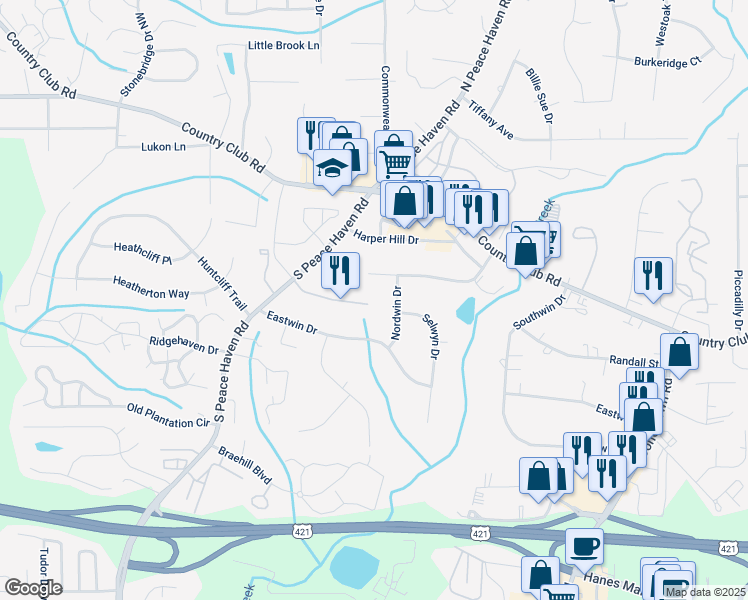map of restaurants, bars, coffee shops, grocery stores, and more near 161 Sterling Point Court in Winston-Salem