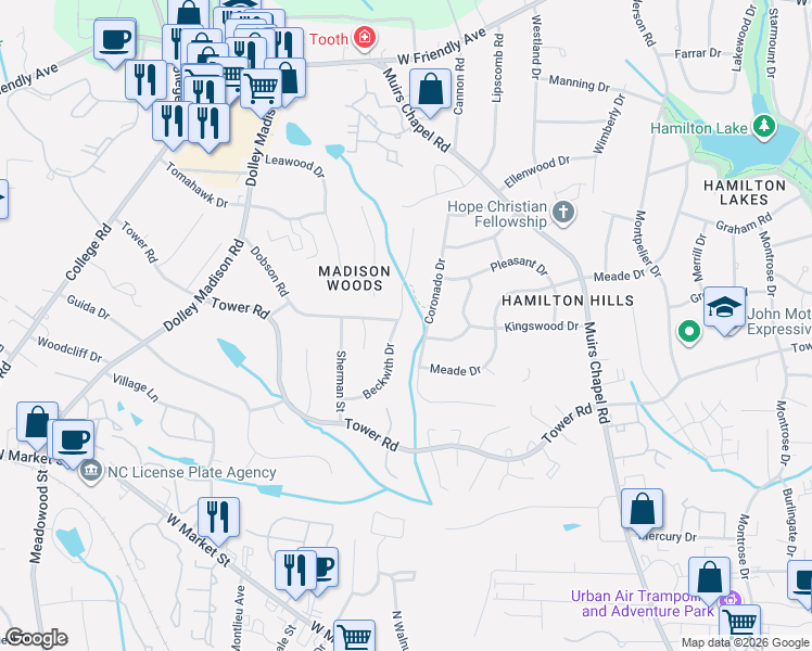map of restaurants, bars, coffee shops, grocery stores, and more near 630 Beckwith Drive in Greensboro
