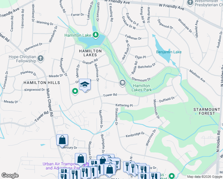 map of restaurants, bars, coffee shops, grocery stores, and more near 703 Cardigan Court in Greensboro