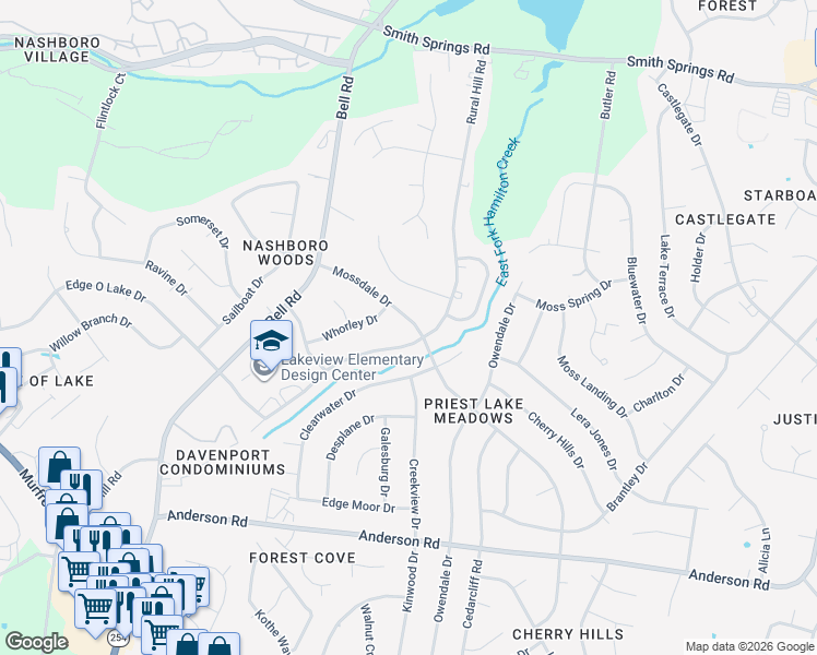 map of restaurants, bars, coffee shops, grocery stores, and more near 2740 Mossdale Drive in Nashville