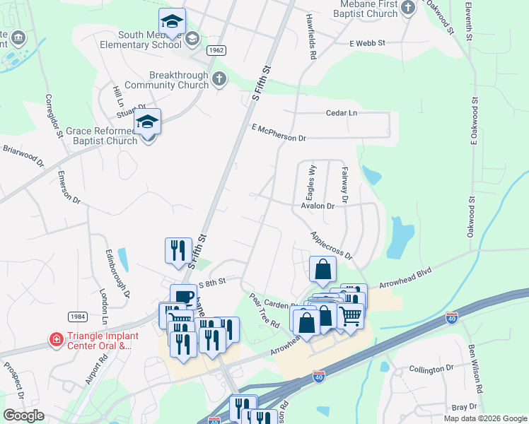 map of restaurants, bars, coffee shops, grocery stores, and more near 827 South 8th Street in Mebane