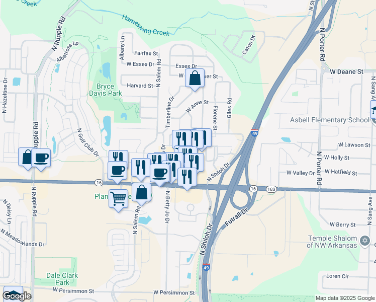 map of restaurants, bars, coffee shops, grocery stores, and more near 1267 Steamboat Drive in Fayetteville