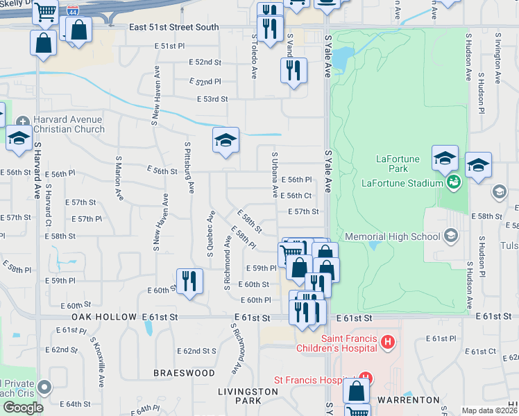 map of restaurants, bars, coffee shops, grocery stores, and more near 4354 East 57th Street in Tulsa