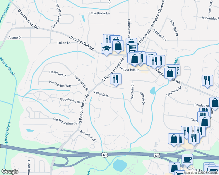 map of restaurants, bars, coffee shops, grocery stores, and more near 116 Sterling Point Court in Winston-Salem