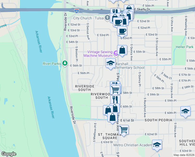 map of restaurants, bars, coffee shops, grocery stores, and more near 5608 South Madison Place in Tulsa