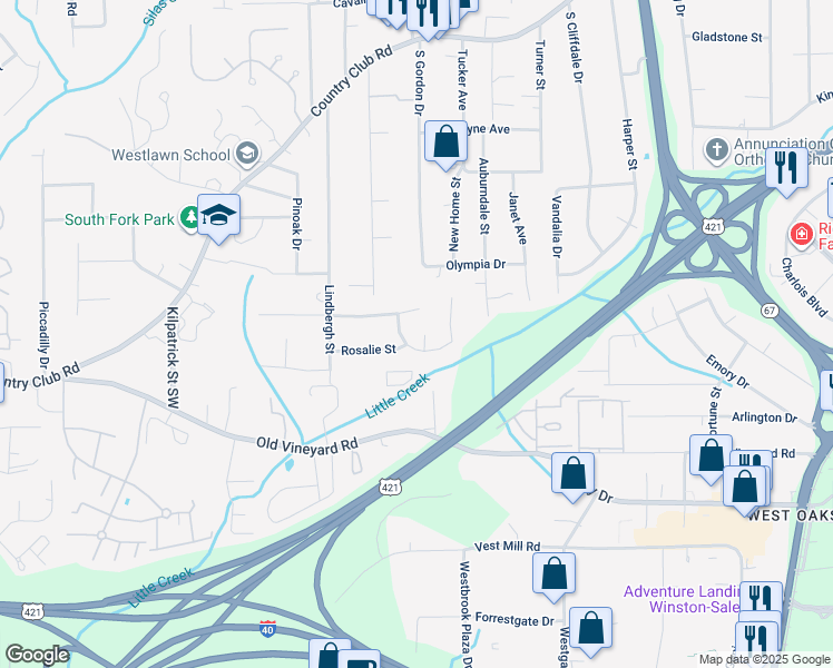 map of restaurants, bars, coffee shops, grocery stores, and more near 320 Creekway Court in Winston-Salem