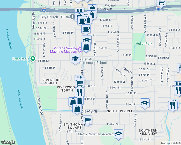 map of restaurants, bars, coffee shops, grocery stores, and more near 5326 South Quaker Avenue in Tulsa