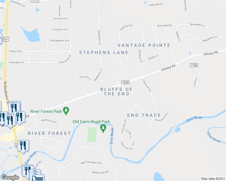 map of restaurants, bars, coffee shops, grocery stores, and more near 4228 Bluffs Lane in Durham