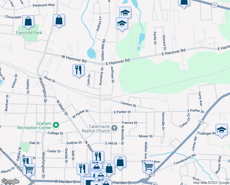 map of restaurants, bars, coffee shops, grocery stores, and more near 1001 Jeffreys Street in Graham